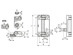 Dessin technique avec dimensions de ELESA® CFSW-F-B - Charnières avec interrupteur de sécurité intégré câble de 2 ou 5 m, connecteur mâle à 8 pôles, sortie arrière
