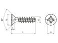 Disegno tecnico con quote di EJOT PT® - Viti a testa svasata piana con impronta a croce Phillips forma H