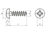 Technical drawing with dimensions of EJOT PT® - Pan head screws with Phillips cross recess form H
