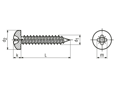 Technische Zeichnung mit Maßen von Linsen-Blechschrauben mit Kreuzschlitz Pozidriv Form Z und Spitze Form C