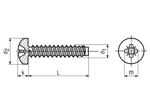 Dessin technique avec dimensions de Vis à tôle à tête cylindrique bombée avec empreinte cruciforme Pozidriv forme Z et à bout plat forme F