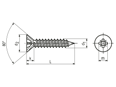 Dessin technique avec dimensions de Vis à tôle à tête fraisée avec empreinte cruciforme Pozidriv forme Z et à bout pointu forme C