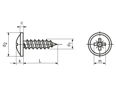 Dessin technique avec dimensions de Vis à tôle à tête cylindrique bombée à embase avec empreinte cruciforme Pozidriv forme Z et à bout pointu forme C
