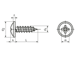 Disegno tecnico con quote di Viti autofilettanti a testa larga bombata con bordino, impronta a croce Pozidriv Z e punta conica forma C