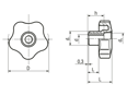 Technical drawing with dimensions of ELESA® VCT.FP - Lobe knobs with brass boss and tapped through-hole