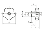 Dibujo técnico con dimensiones de ELESA® VC.254 - Pomos en estrella inserto en latón con agujero roscado pasante