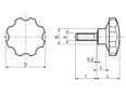 Dibujo técnico con dimensiones de ELESA® VH.153 p - Pomos en estrella con perno roscado acero cincado