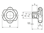 Dessin technique avec dimensions de ELESA® VL.155 - Volants à lobes avec douille métallique douille en acier bruni avec trou borgne