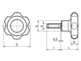 Dibujo técnico con dimensiones de ELESA® VL.155 p - Pomos en estrella con perno roscado acero cincado