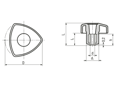 Dibujo técnico con dimensiones de ELESA® VTR-B - Mandos de fijación inserto de latón con agujero ciego roscado y chapilla en aluminio anodizado opaco