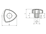 Dessin technique avec dimensions de ELESA® VTR-B - Boutons triangles avec plaquette aluminium, douille filetée en laiton