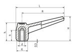 Disegno tecnico con quote di ELESA® MF. - Maniglie a leva boccola in ottone con foro cieco filettato