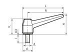 Technical drawing with dimensions of ELESA® MF.p - Lever handles with threaded stud, steel zinc plated