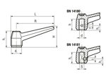 Technical drawing with dimensions of ELESA® MF.N - Lever handles with brass boss with square hole H9