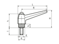 Disegno tecnico con quote di ELESA® MRX.p - Maniglie a ripresa con pulsante di ripresa, prigioniero filettato in acciaio zincato