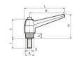 Technical drawing with dimensions of ELESA® MRX-SST-p - Adjustable handles with retaining pin and threaded stud, stainless steel