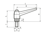 Technical drawing with dimensions of ELESA® MRX-SST-p - Adjustable handles with retaining pin and threaded stud, stainless steel