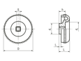 Technical drawing with dimensions of ELESA® VZ. - Knurled knobs with square through-hole and brass reinforcement