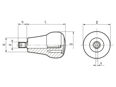 Disegno tecnico con quote di ELESA® IEL+x SOFT - Impugnature girevoli con calotta di chiusura perno filettato in acciaio zincato con cava esagonale