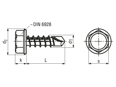 Technical drawing with dimensions of ecosyn® MRX KHH - Hex head self-drilling screws without sealing ring