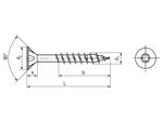 Dessin technique avec dimensions de SPAX® - Vis à tête fraisée pour panneaux d'agglomérés partiellement filetées, à six lobes internes T-STAR plus avec pointe 4CUT