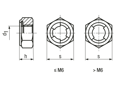Technical drawing with dimensions of Prevailing torque type hex lock nuts all-metal, high type