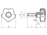 Technical drawing with dimensions of ELESA® VCT.p SOFT - Lobe knobs with threaded stud, steel zinc plated