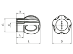 Technical drawing with dimensions of ELESA® Ergostyle EBK-B-SOFT - Handles with brass boss, tapped blind hole