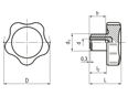 Dibujo técnico con dimensiones de ELESA® VC.692 - Pomos en estrella con casquillo de latón y agujero roscado ciego