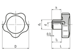 Technical drawing with dimensions of ELESA® VC.692 - Lobe knobs with brass boss, tapped blind hole