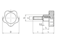 Technical drawing with dimensions of ELESA® VC.692 p - Lobe knobs with threaded stud, steel zinc plated