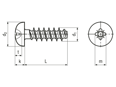 Technical drawing with dimensions of EJOT PT® - Pan head screws with Pozidriv cross recess form Z