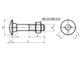 Dibujo técnico con dimensiones de Tornillos de cabeza abombada y cuello cuadrado con tuercas hexagonales