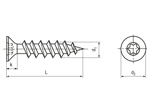 Dessin technique avec dimensions de Vis à tête fraisée pour panneaux d'agglomérés avec tête renforcée, entièrement filetées à six lobes internes