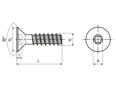 Technical drawing with dimensions of EJOT DELTA PT® - Flat countersunk head screws with hexalobular socket Torx plus® / Autosert®
