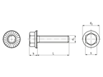 Dessin technique avec dimensions de Vis à tête hexagonale à embase crantée entièrement filetées