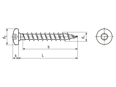 Technical drawing with dimensions of SPAX® - Hexalobular (6 Lobe) socket pan head chipboard screws T-STAR plus, fully threaded with 4CUT point