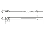 Technische Zeichnung mit Maßen von Panduit® Pan-Steel® Wave-Ty™ - Bandbefestigung mit Kugelblockierung