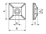 Technische Zeichnung mit Maßen von 4-Weg Klebeplatten für Kabelbinder