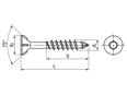 Disegno tecnico con quote di SPAX® M - Viti a testa svasata piana per pannelli di fibra a media densità parzialmente filettate, nervature sottotesta e impronta a cava esalobata T-STAR plus con punta CUT