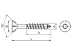Disegno tecnico con quote di SPAX® M - Viti a testa svasata piana per pannelli di fibra a media densità parzialmente filettate, nervature sottotesta e impronta a cava esalobata T-STAR plus con punta CUT