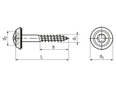 Dessin technique avec dimensions de Vis pour façades à tête fraisée bombée à six lobes internes, cuvette et rondelle d'étanchéité