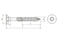 치수가 포함된 기술 도면: Universal hexalobular (6 Lobe) socket flat countersunk head wood screws partially threaded, cutting ribs under the head, friction thread, end mill cutter