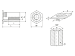Dessin technique avec dimensions de PEM® TSO - Douilles filetées à sertir ouvertes, avec extrémité non filetée, pour matériaux métalliques