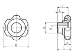 Technical drawing with dimensions of ELESA® VL.640 FP - Lobe knobs with metal boss black-oxide steel boss, undrilled