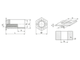 Dibujo técnico con dimensiones de PEM® SOS - Separadores roscados insertables abiertos, para metales