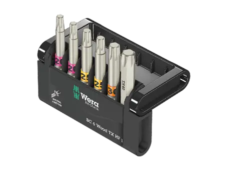 Image du produit de Wera Bit-Check 6 Wood TX HF 1 - Assortiment d'embouts de tournevis 1/4" pour vis à six lobes internes (Torx®) avec fonction de maintien