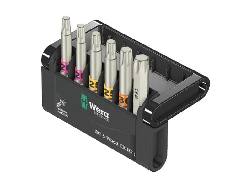 Image du produit de Wera Bit-Check 6 Wood TX HF 1 - Assortiment d'embouts de tournevis 1/4" pour vis à six lobes internes (Torx®) avec fonction de maintien