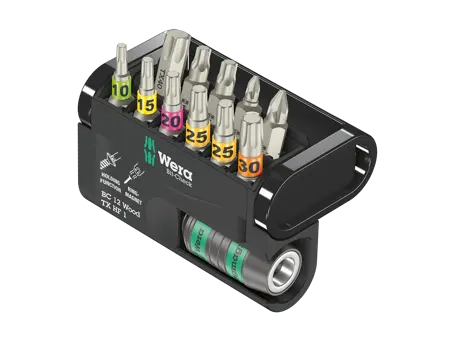Image du produit de Wera Bit-Check 12 Wood TX HF 1 - Assortiment d'embouts de tournevis 1/4" pour vis à six lobes internes (Torx®), Pozidriv avec fonction de maintien