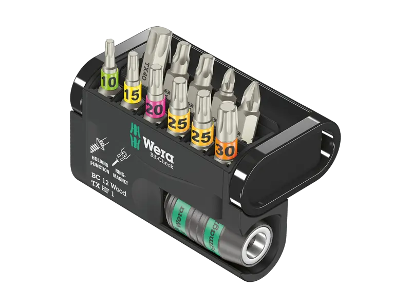 Image du produit de Wera Bit-Check 12 Wood TX HF 1 - Assortiment d'embouts de tournevis 1/4" pour vis à six lobes internes (Torx®), Pozidriv avec fonction de maintien